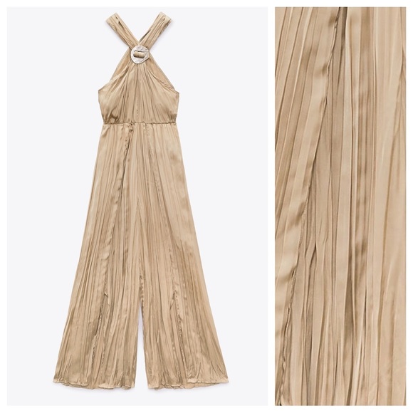 NWT. Zara Stone Satin Effect Wrinkle Look Halter Jumpsuit. Size XS. - Picture 6 of 11